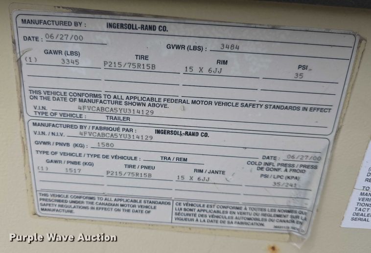 image for item EF3558 2000 Ingersoll Rand 185 air compressor