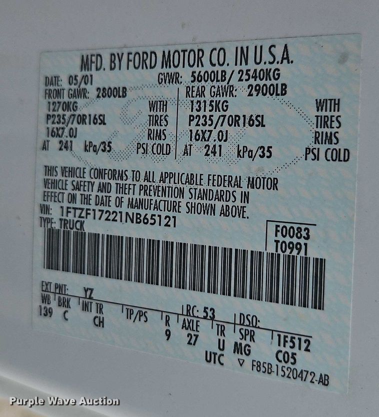 image for item EJ0122 2001 Ford F150 pickup truck