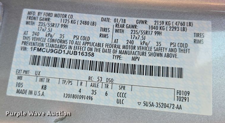 image for item EM7458 2018 Ford Escape SUV