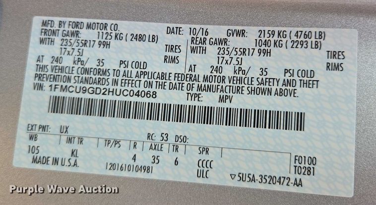 image for item EM7460 2017 Ford Escape SUV