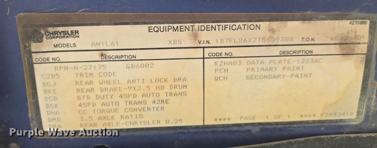 image for item EN8052 1996 Dodge Dakota pickup truck