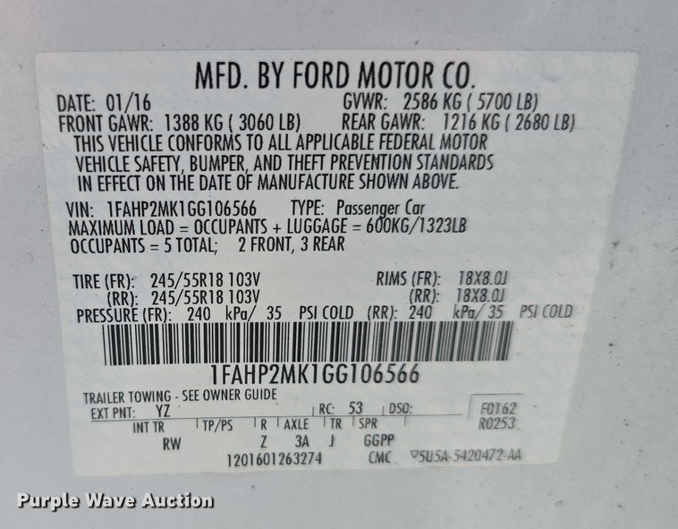 image for item EO1052 2016 Ford Taurus Police Interceptor 