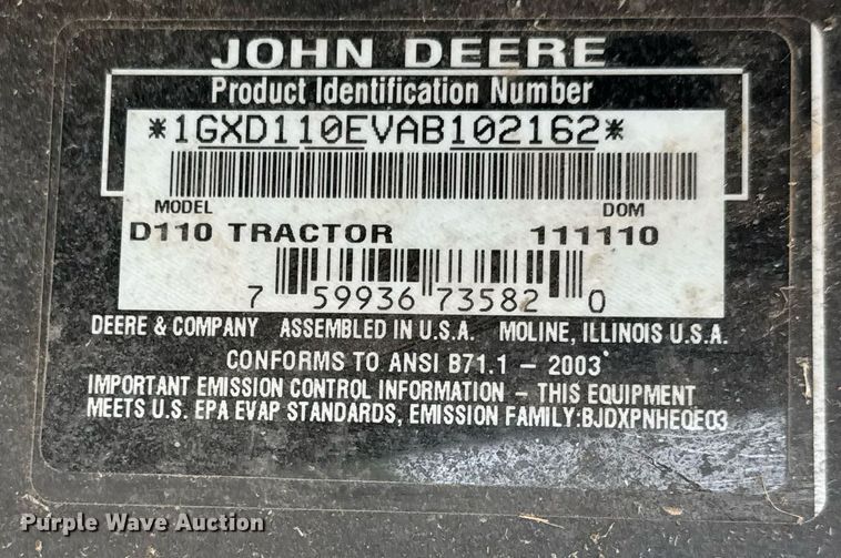 image for item EQ1413 2010 John Deere D110 lawn mower