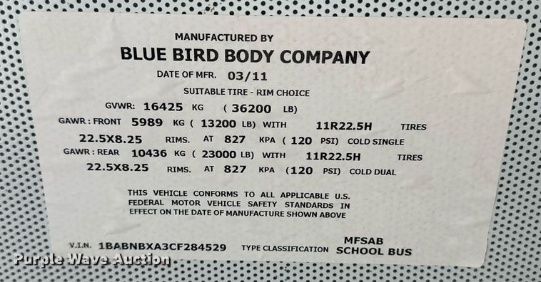 image for item EQ4846 2012 Bluebird coach bus