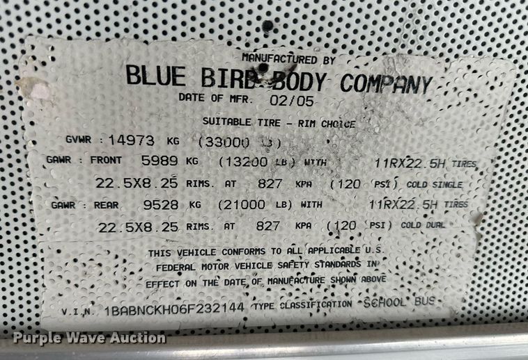 image for item EQ4853 2006 Blue Bird All American FE school bus