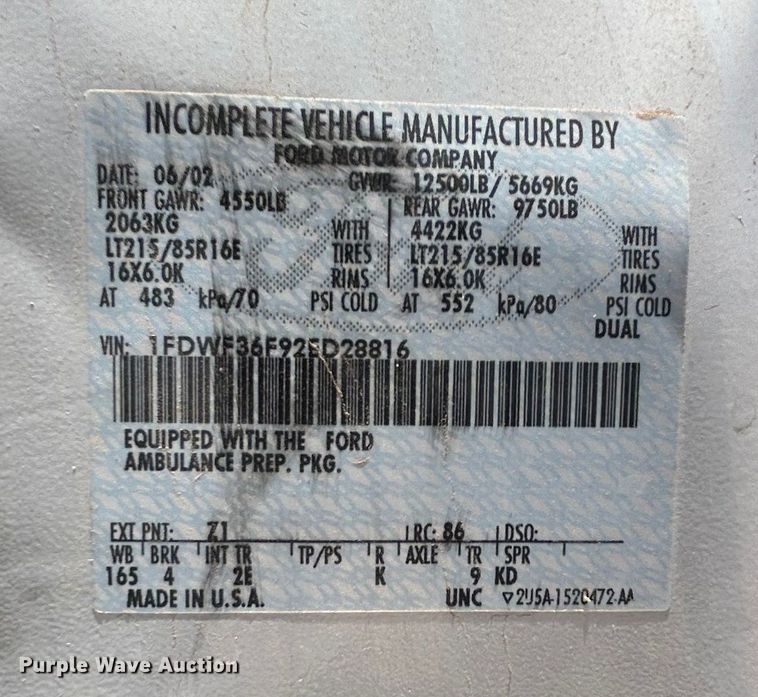 image for item EX9275 2002 Ford F350 Super Duty XLT ambulance