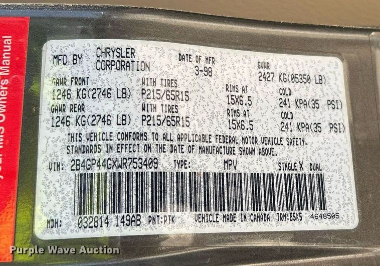 image for item EX9807 1998 Dodge Grand Caravan van