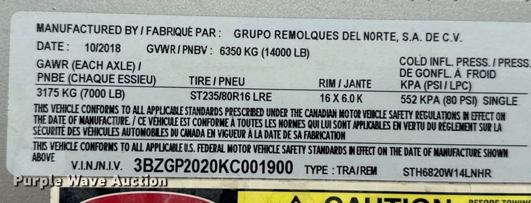 image for item EQ4925 2019 GR Trailers STH6820W14LNHR livestock trailer