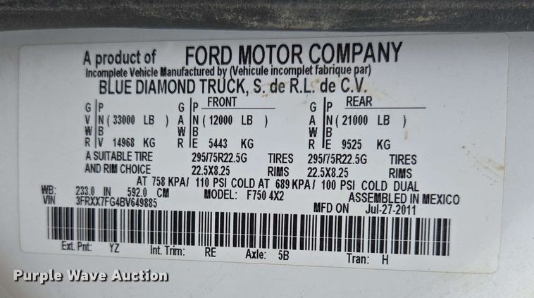 image for item DP6402 2011 Ford F750 Super Duty Ext. Cab dump flatbed truck