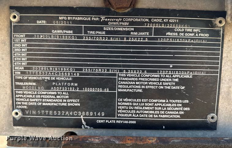 image for item DU7773 2012 Transcraft drop deck trailer