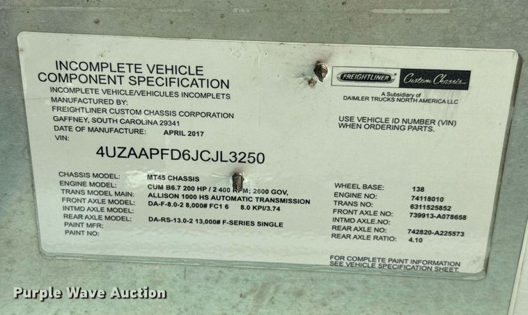 image for item DU9765 2018 Freightliner MT45 refrigerated delivery van