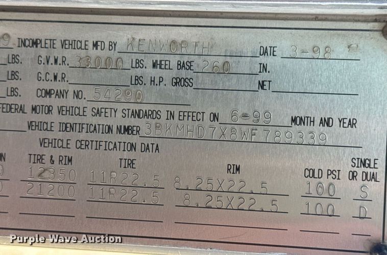 image for item DV4143 1998 Kenworth T300 truck cab and chassis