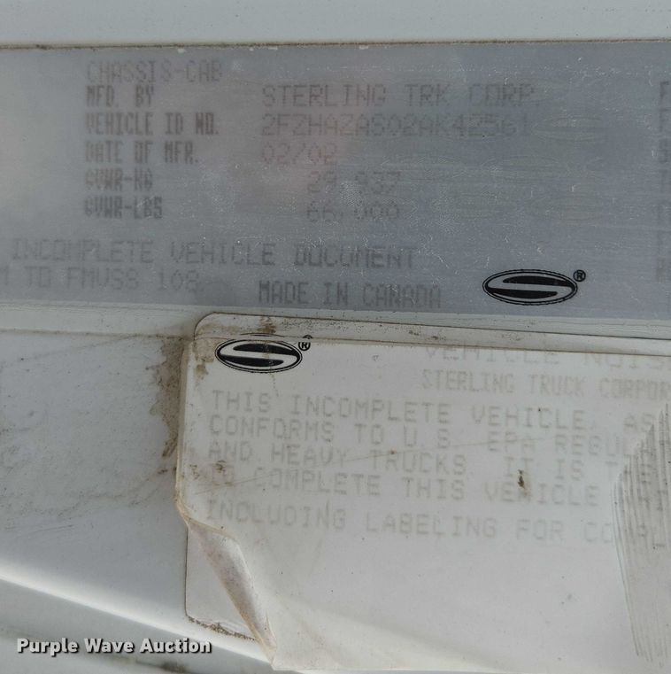 image for item ED2045 2002 Sterling L-Line sewer jetter truck