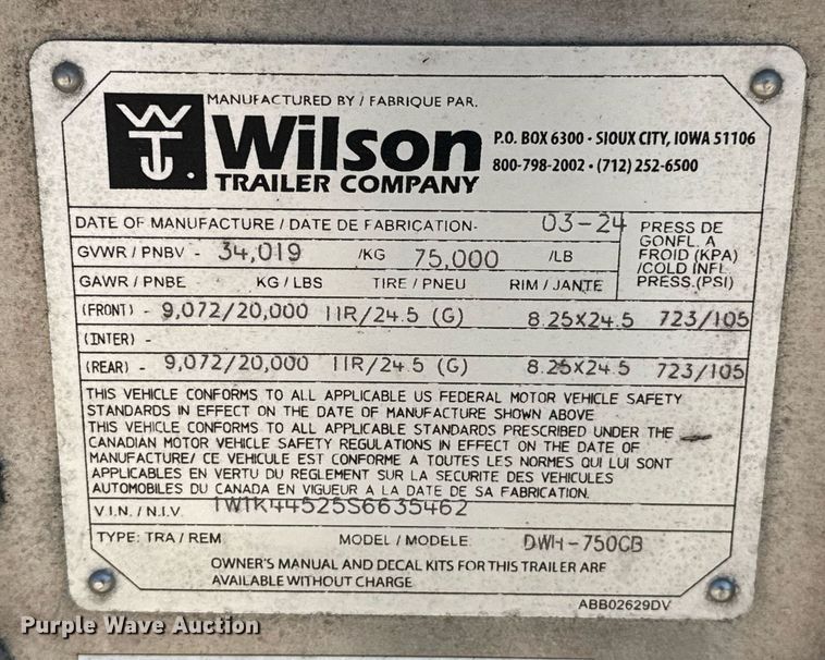 image for item EJ4689 2025 Wilson DWH-750CB grain trailer