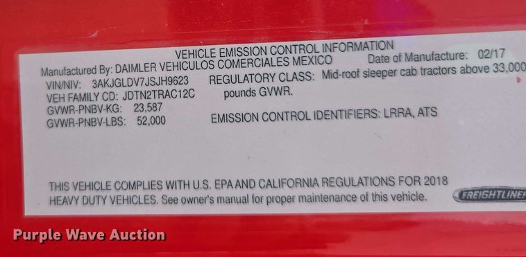 image for item FB9388 2018 Freightliner Cascadia125 semi truck