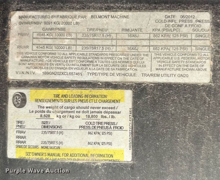 image for item DS3751 2012 Belmont Machine Utility GN20 glass transport trailer