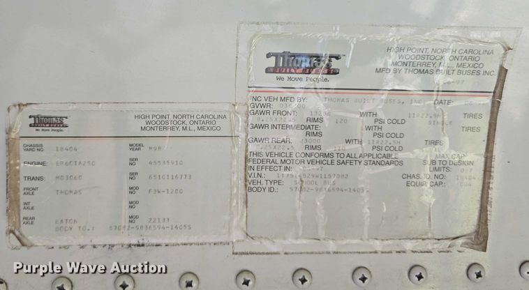 image for item DT6914 1998 Thomas Built Saf-T-Liner ER school bus