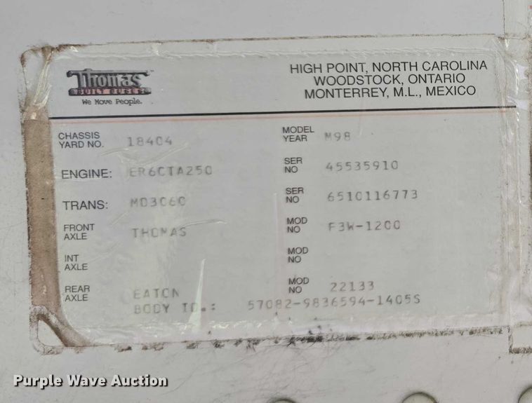 image for item DT6914 1998 Thomas Built Saf-T-Liner ER school bus