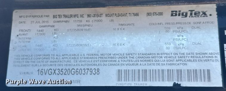image for item DU9898 2016 Big Tex 25GN-35BK+5MR equipment trailer