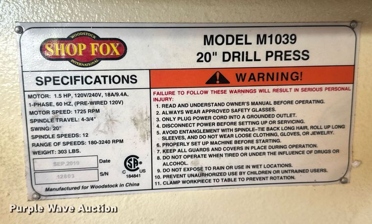 image for item DU9920 2019 Shop Fox M1039 drill press