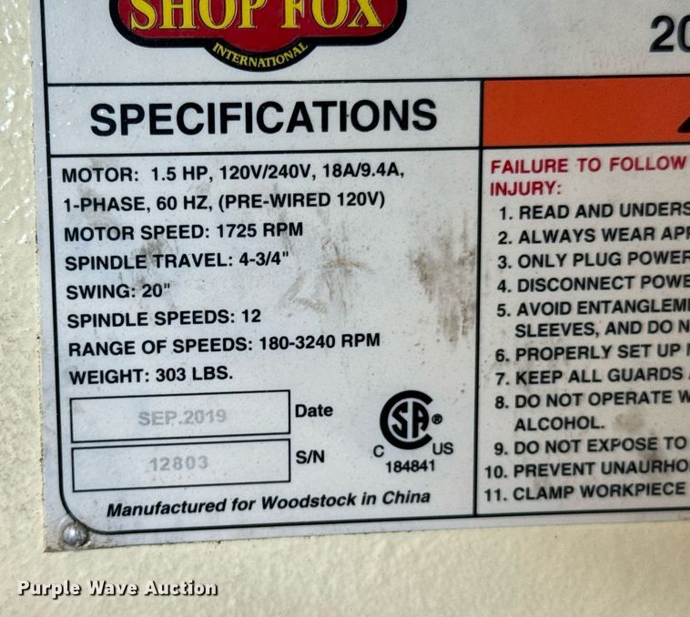 image for item DU9920 2019 Shop Fox M1039 drill press