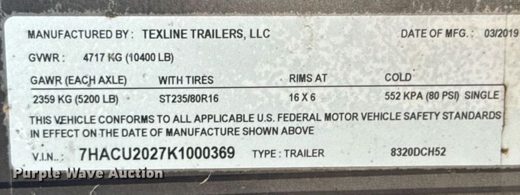 image for item DU9928 2019 Texline 8320DCH52 utility trailer