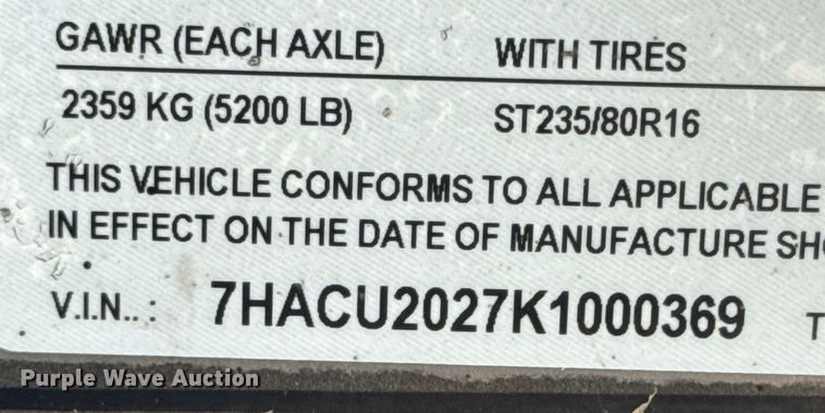 image for item DU9928 2019 Texline 8320DCH52 utility trailer