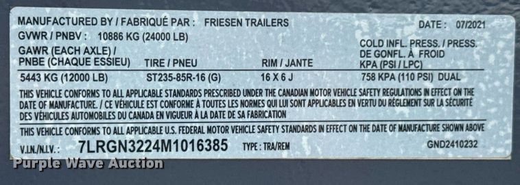 image for item DU9929 2021 Friesen equipment trailer