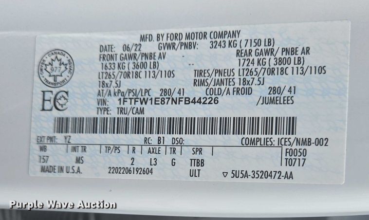 image for item DW7077 2022 Ford  F150 SuperCrew pickup truck