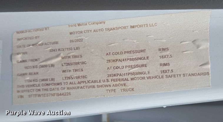 image for item DW7077 2022 Ford  F150 SuperCrew pickup truck