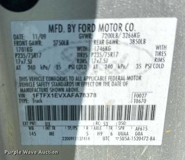 image for item DX3830 2010 Ford F150 SuperCab pickup truck