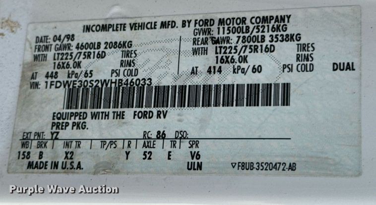 image for item DX5526 1998 Ford E350 food truck