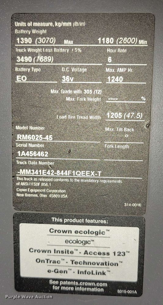 image for item DX7001 2016 Crown RM6025-45 reach truck