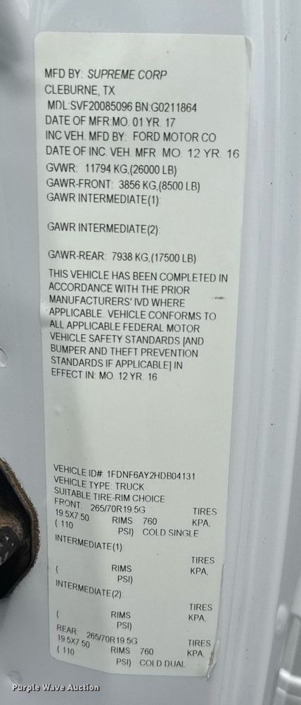 image for item DY0056 2017 Ford F650 box truck