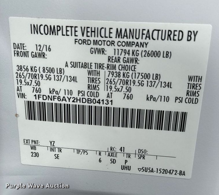 image for item DY0056 2017 Ford F650 box truck