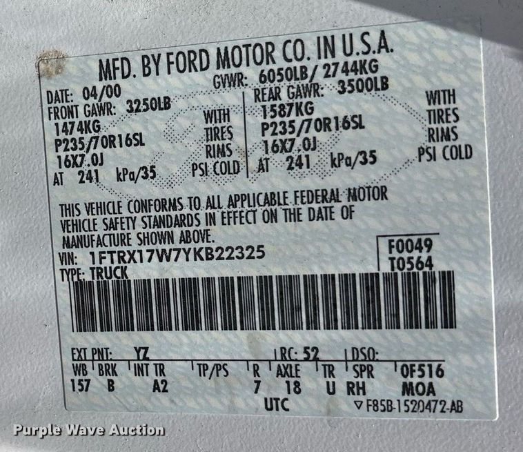 image for item DY0643 2000 Ford F150 SuperCab pickup truck