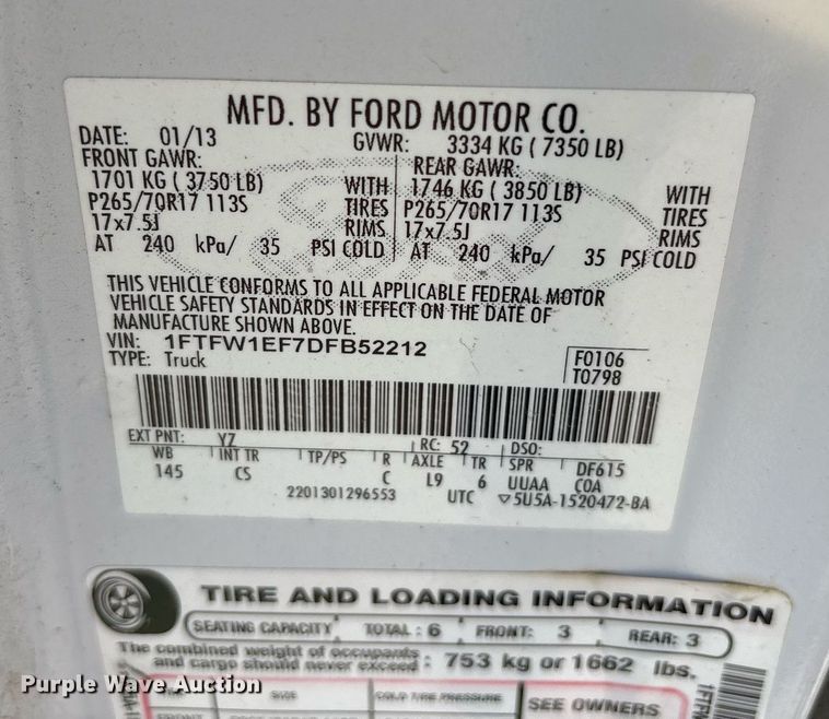 image for item DY0647 2013 Ford F150 SuperCrew pickup truck