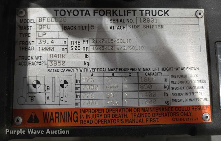 image for item EC4287 Toyota 7FGU25 forklift