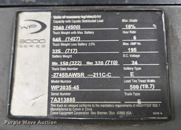 image for item EC4295 2017 Crown WP3035-45 pallet jack