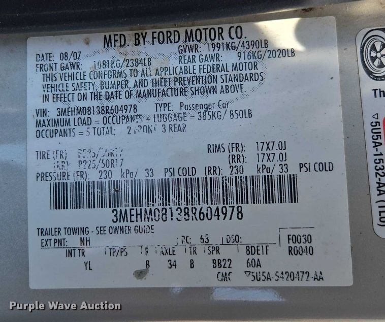 image for item ED2055 2008 Mercury Milan 