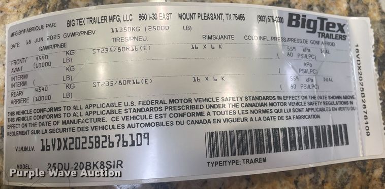 image for item ED5725 2011 Big Tex 25DU-20 dump trailer
