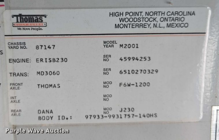 image for item EF3505 2001 Thomas Built 140H school bus