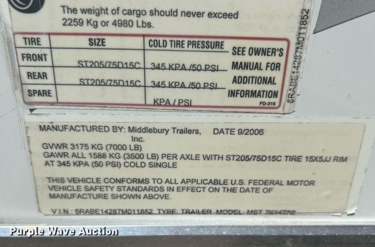 image for item EG1026 2007 Middlebury Trailers MST7X14TA2 enclosed cargo trailer