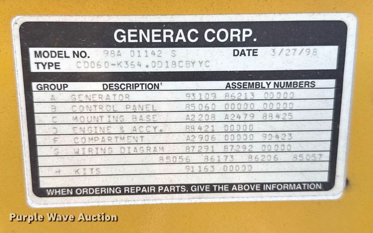 image for item EG6584 1998 Generac 98A 01142-S generator