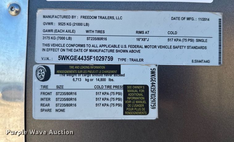 image for item EG6588 2015 Freedom Trailers toy hauler camper