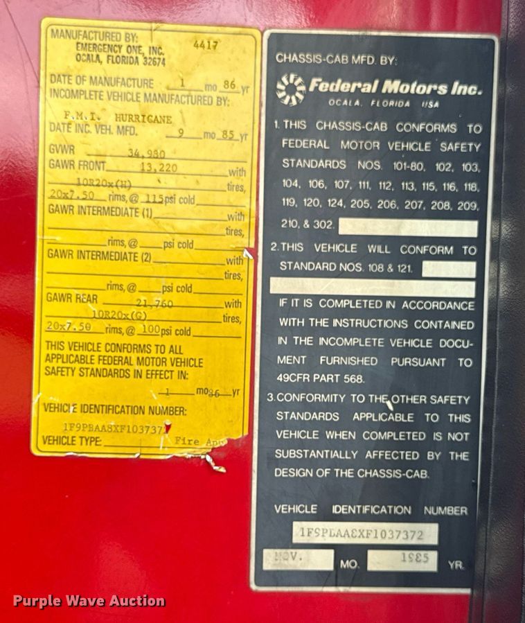 image for item EG8084 1986 Federal Motors Inc pumper fire truck