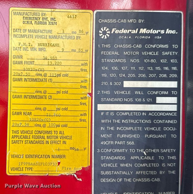 image for item EG8084 1986 Federal Motors Inc pumper fire truck