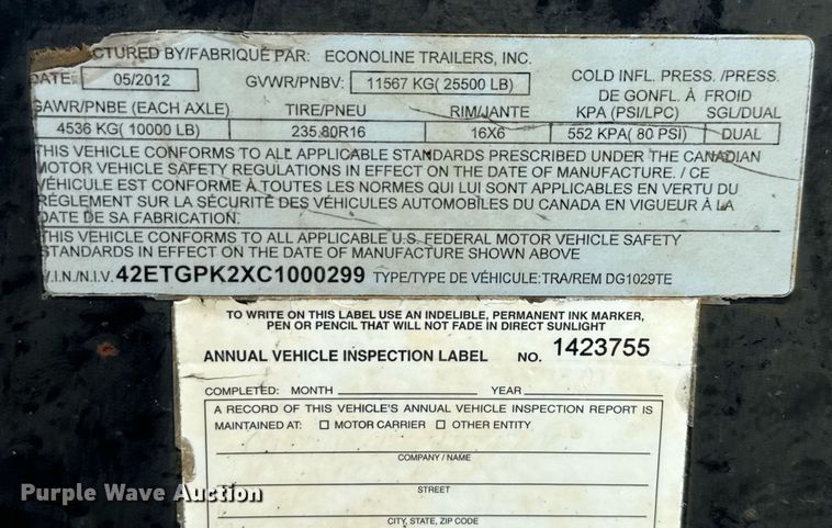 image for item EJ3838 2012 Econoline Trailers DG1029TE tilt deck equipment trailer