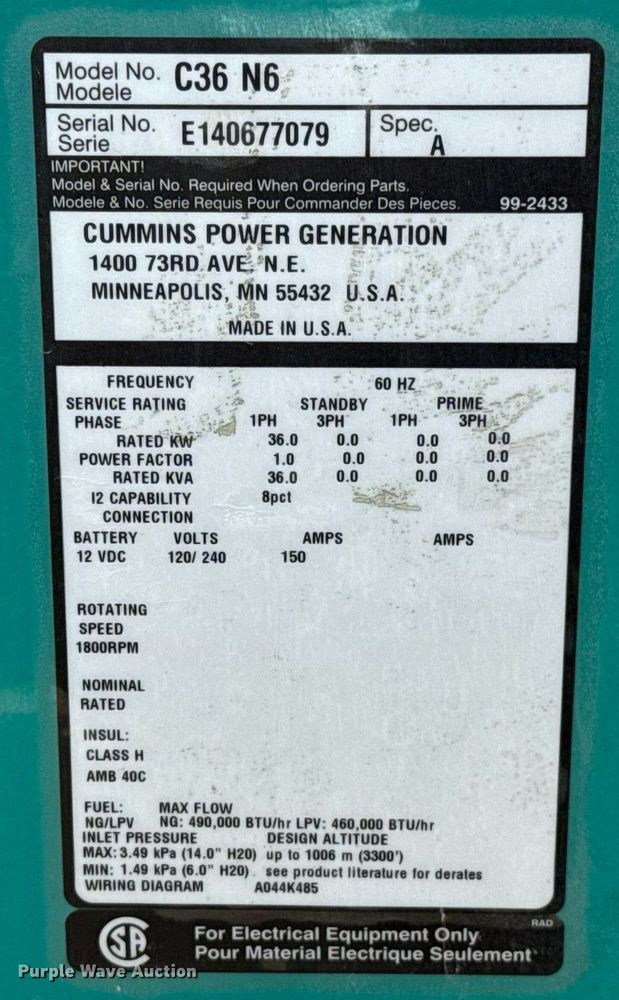 image for item EJ4751 2014 Cummins GG02-1406435 generator