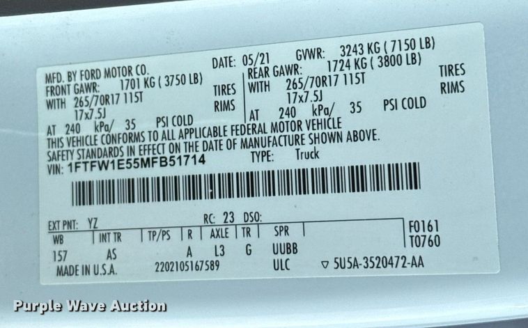 image for item EJ4768 2021 Ford F150 SuperCrew pickup truck